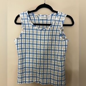 Lemon Grass Top Vintage Y2K Blue/Tan Crinkle Sleeveless Size XL
